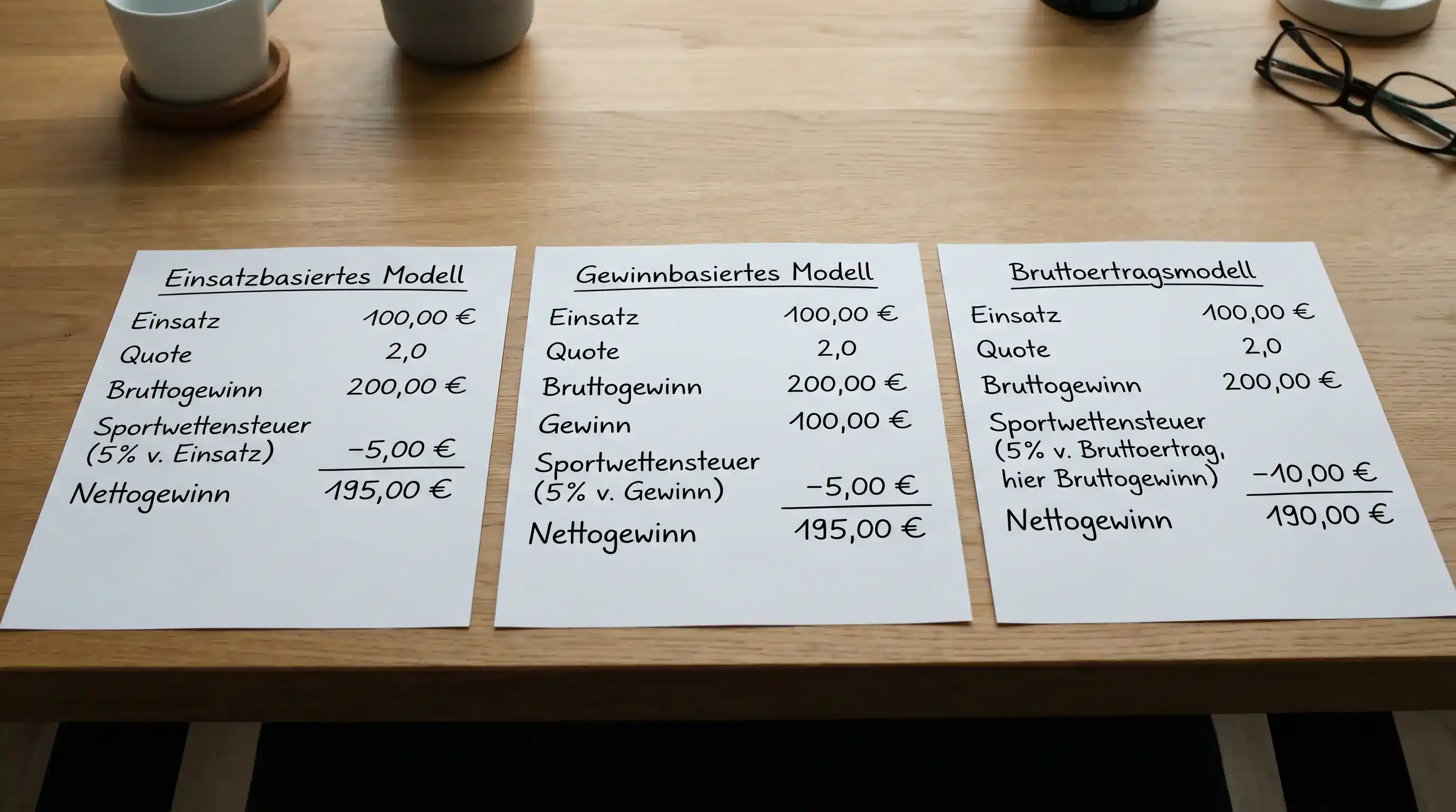 Rechenbeispiele für drei Steuermodelle bei deutschen Basketball-Wettanbietern im Vergleich